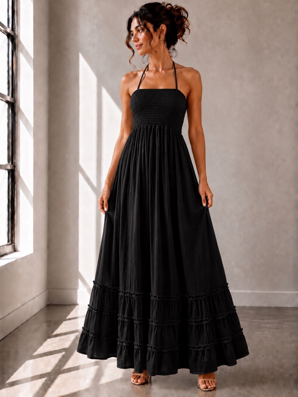 NWOT Smocked Halter Maxi Dress in Black